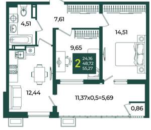 2-к квартира, вторичка, 55м2, 16/18 этаж