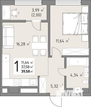 1-к квартира, вторичка, 40м2, 5/15 этаж