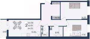 2-к квартира, вторичка, 64м2, 3/18 этаж