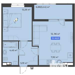 1-к квартира, строящийся дом, 46м2, 1/5 этаж