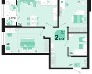 2-к квартира, вторичка, 62м2, 2/18 этаж