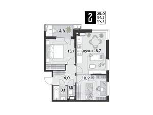 2-к квартира, вторичка, 59м2, 15/18 этаж