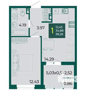 1-к квартира, вторичка, 38м2, 4/18 этаж