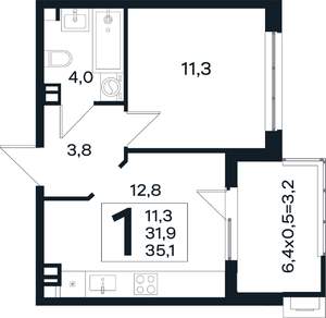 1-к квартира, вторичка, 35м2, 4/4 этаж