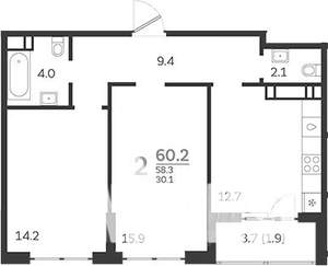 2-к квартира, вторичка, 60м2, 16/24 этаж