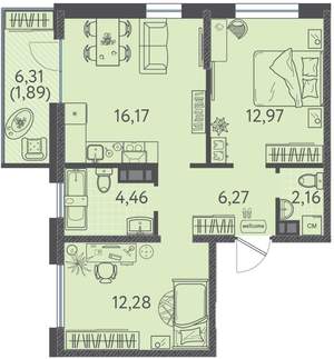 2-к квартира, вторичка, 55м2, 2/9 этаж