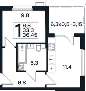 1-к квартира, вторичка, 36м2, 1/4 этаж