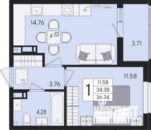 1-к квартира, вторичка, 36м2, 7/8 этаж