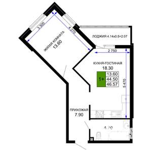 1-к квартира, вторичка, 47м2, 1/12 этаж