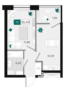 1-к квартира, вторичка, 32м2, 5/9 этаж