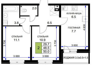 2-к квартира, вторичка, 51м2, 9/17 этаж