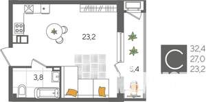 Студия квартира, строящийся дом, 32м2, 3/24 этаж