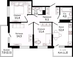 3-к квартира, вторичка, 70м2, 4/22 этаж