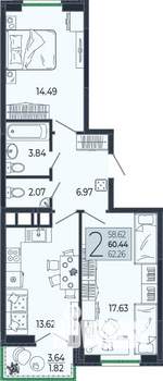 2-к квартира, вторичка, 60м2, 17/21 этаж