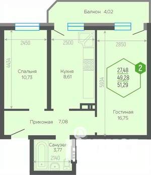 2-к квартира, вторичка, 51м2, 18/19 этаж