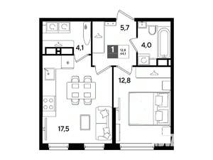 1-к квартира, вторичка, 44м2, 13/16 этаж