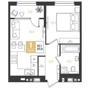 1-к квартира, строящийся дом, 37м2, 5/18 этаж