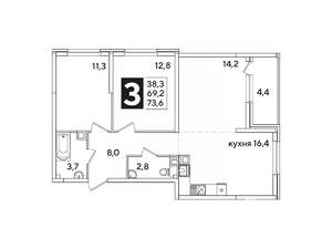 3-к квартира, вторичка, 74м2, 6/16 этаж