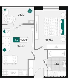 1-к квартира, вторичка, 40м2, 2/18 этаж