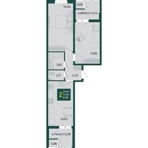 2-к квартира, вторичка, 62м2, 2/18 этаж