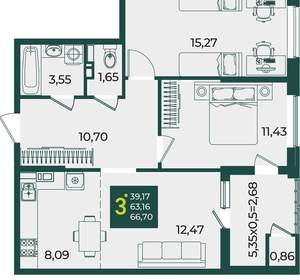 3-к квартира, вторичка, 67м2, 4/18 этаж