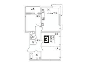 3-к квартира, вторичка, 73м2, 3/16 этаж