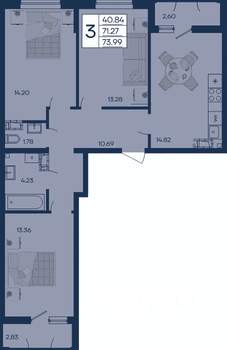 3-к квартира, строящийся дом, 74м2, 17/18 этаж