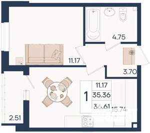 1-к квартира, вторичка, 37м2, 2/18 этаж