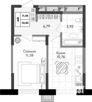 1-к квартира, вторичка, 33м2, 7/9 этаж