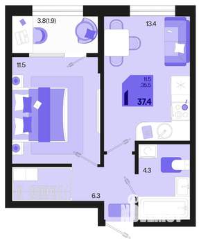 1-к квартира, вторичка, 37м2, 2/18 этаж