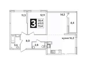 3-к квартира, вторичка, 73м2, 12/16 этаж