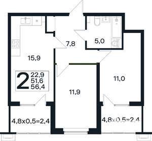 2-к квартира, вторичка, 56м2, 1/4 этаж