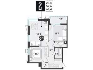 2-к квартира, вторичка, 64м2, 9/18 этаж