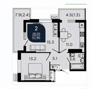 2-к квартира, вторичка, 51м2, 4/18 этаж