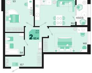 2-к квартира, вторичка, 62м2, 2/18 этаж