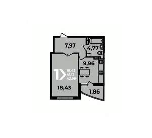 1-к квартира, вторичка, 43м2, 12/19 этаж