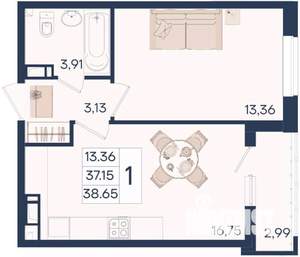 1-к квартира, вторичка, 39м2, 8/18 этаж
