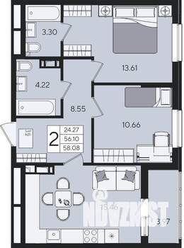 2-к квартира, вторичка, 58м2, 3/8 этаж