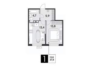 1-к квартира, строящийся дом, 38м2, 4/18 этаж