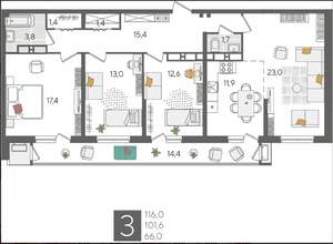 3-к квартира, вторичка, 116м2, 24/24 этаж