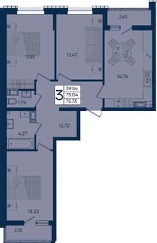 3-к квартира, вторичка, 76м2, 13/18 этаж