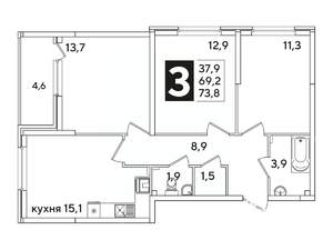3-к квартира, вторичка, 74м2, 2/16 этаж