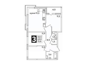 3-к квартира, вторичка, 73м2, 12/16 этаж