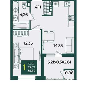 1-к квартира, сданный дом, 39м2, 12/18 этаж