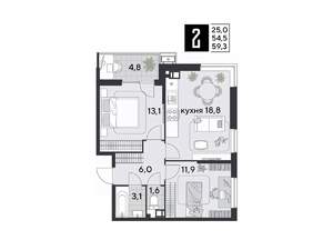 2-к квартира, строящийся дом, 59м2, 6/18 этаж