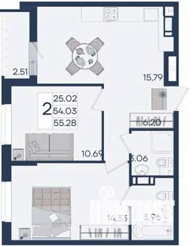 2-к квартира, вторичка, 55м2, 9/18 этаж
