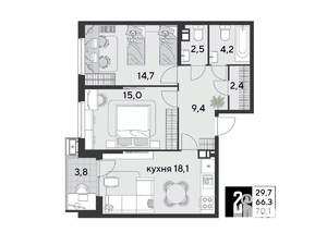 2-к квартира, строящийся дом, 70м2, 3/9 этаж
