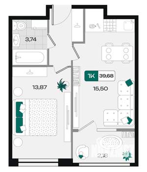 1-к квартира, вторичка, 40м2, 7/18 этаж