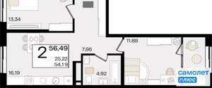 2-к квартира, вторичка, 57м2, 11/18 этаж