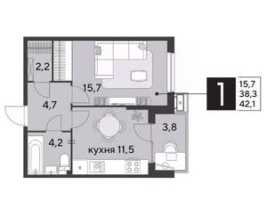 1-к квартира, строящийся дом, 42м2, 2/9 этаж